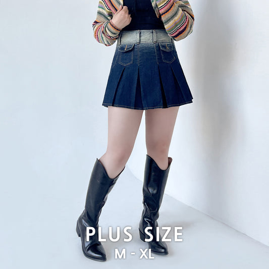 [M-XL] Denim Gradient Pleated Miniskirt (DDG03_7551)