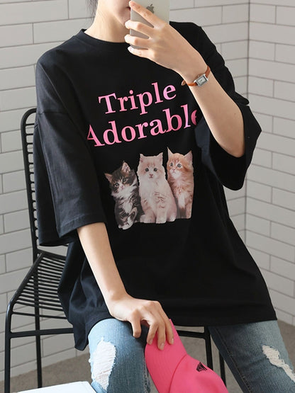 */HKD$98/* Triple Cats Casual Oversize Tee - 3 colors (LIN01_0256)
