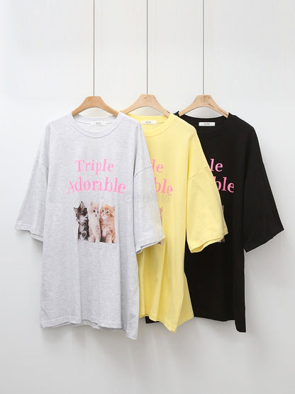 */HKD$98/* Triple Cats Casual Oversize Tee - 3 colors (LIN01_0256)