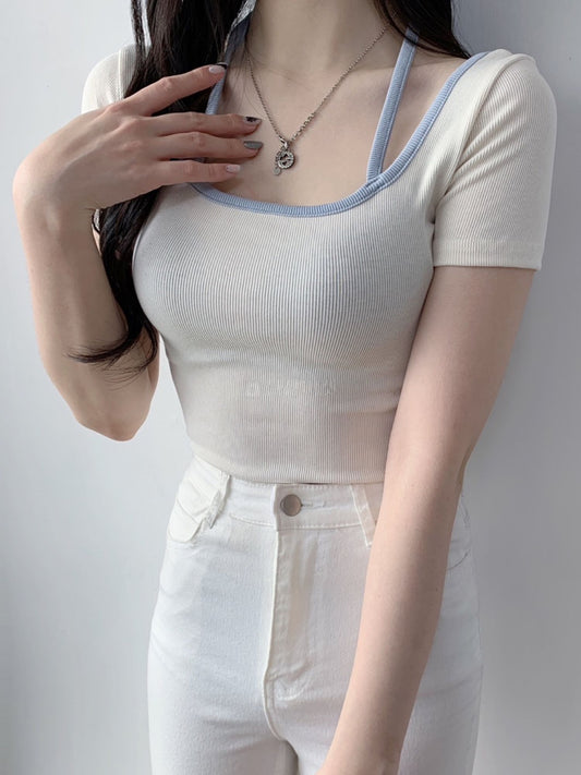 */HKD$98/* Color Halter Short Sleeve Top - 3 colors (MAY01_5572)